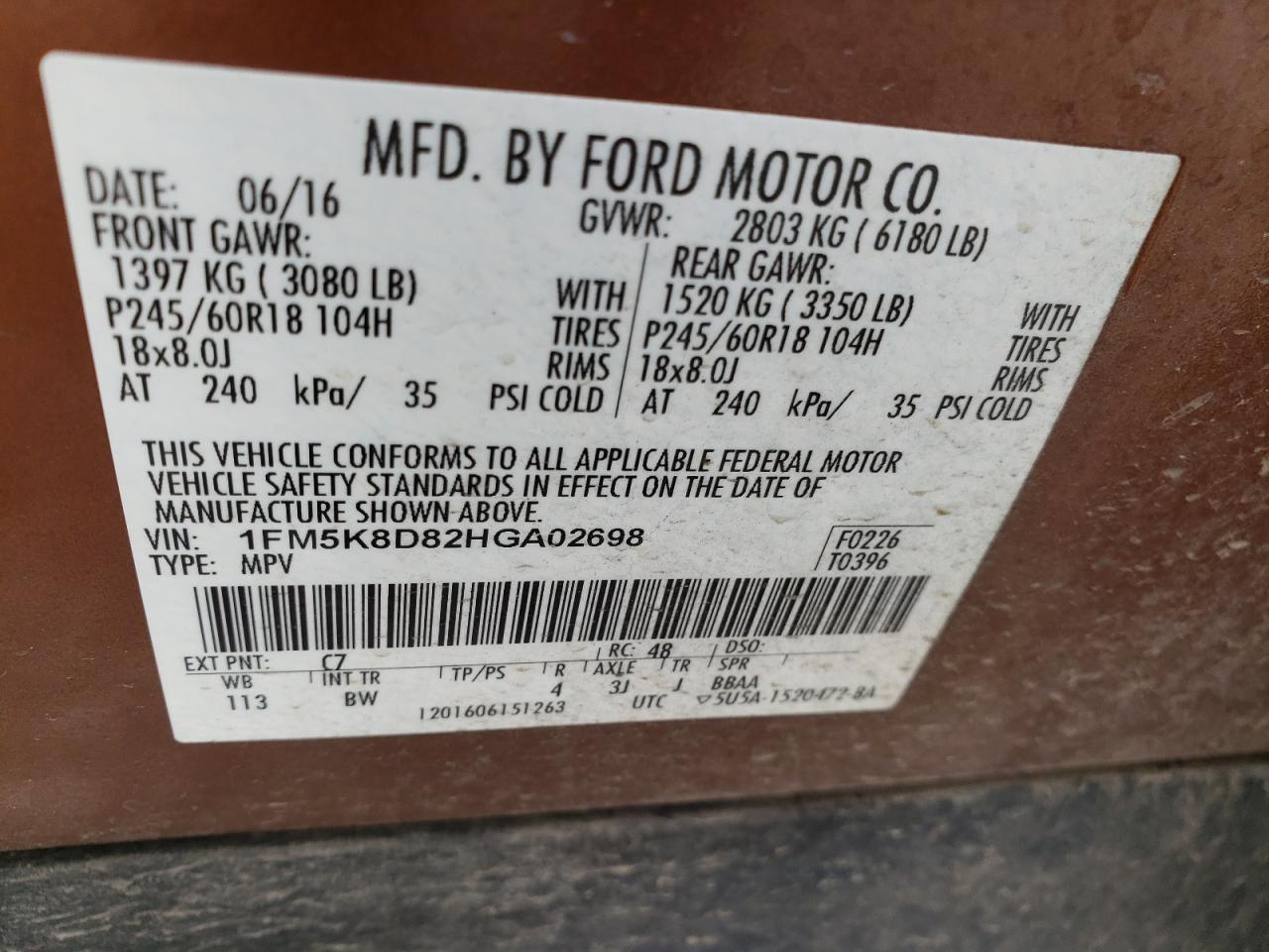 Photo 10 from auction – 2017 FORD EXPLORER X with VIN 1FM5K8D82HGA02698