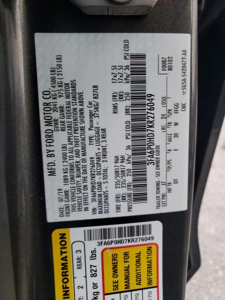Photo 10 from auction – 2019 FORD FUSION SE with VIN 3FA6P0HD7KR276049
