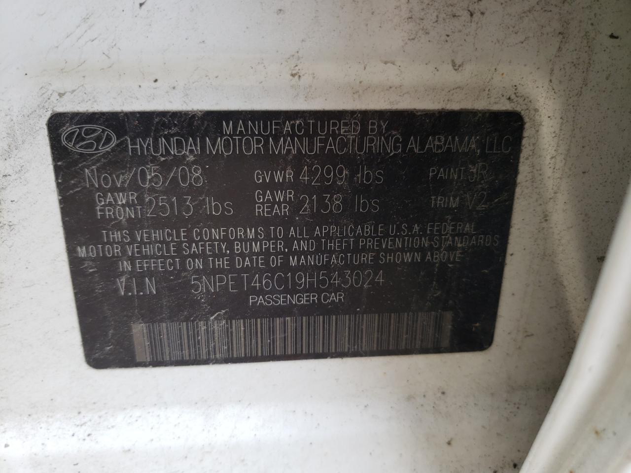 Photo 10 from auction – 2009 HYUNDAI SONATA GLS with VIN 5NPET46C19H543024