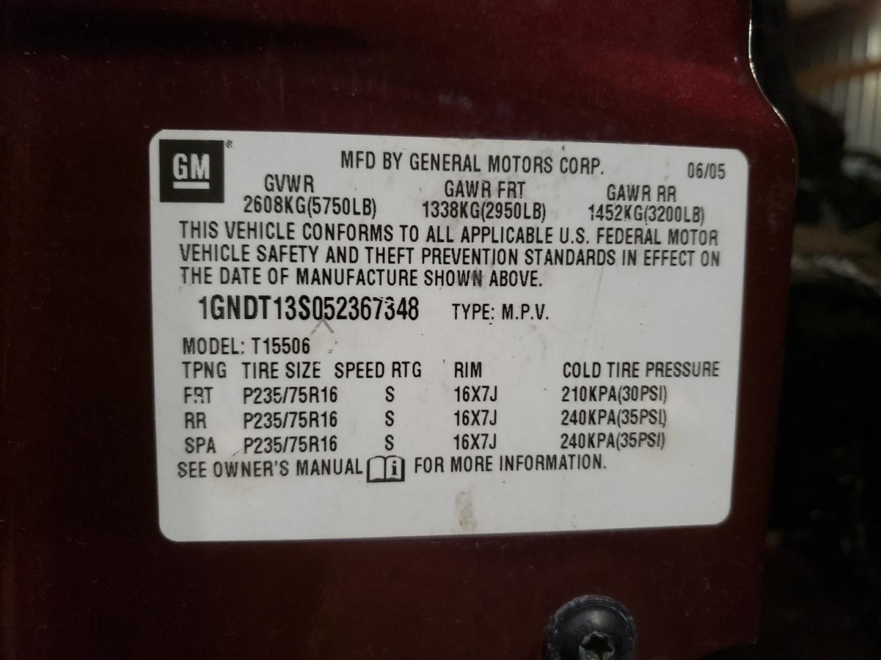 Photo 10 from auction – 2005 CHEVROLET TRAILBLAZE with VIN 1GNDT13S052367348