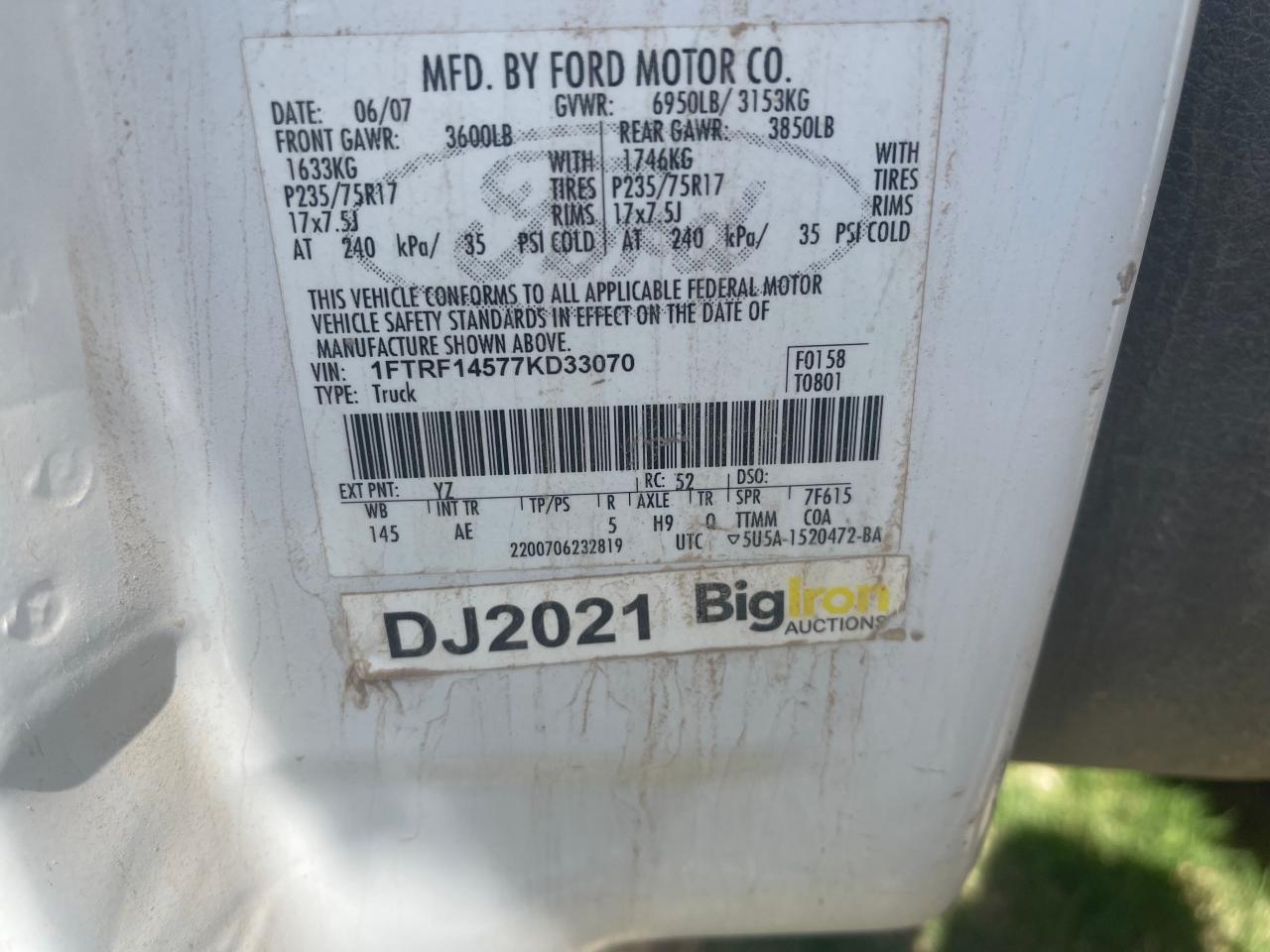 Photo 10 from auction – 2007 FORD F150 with VIN 1FTRF14577KD33070