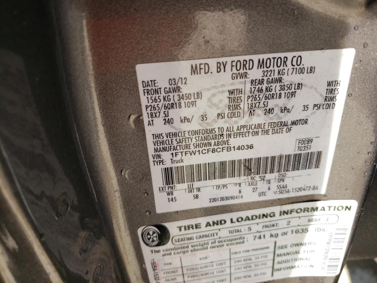 Photo 10 from auction – 2012 FORD F150 SUPER with VIN 1FTFW1CF8CFB14036