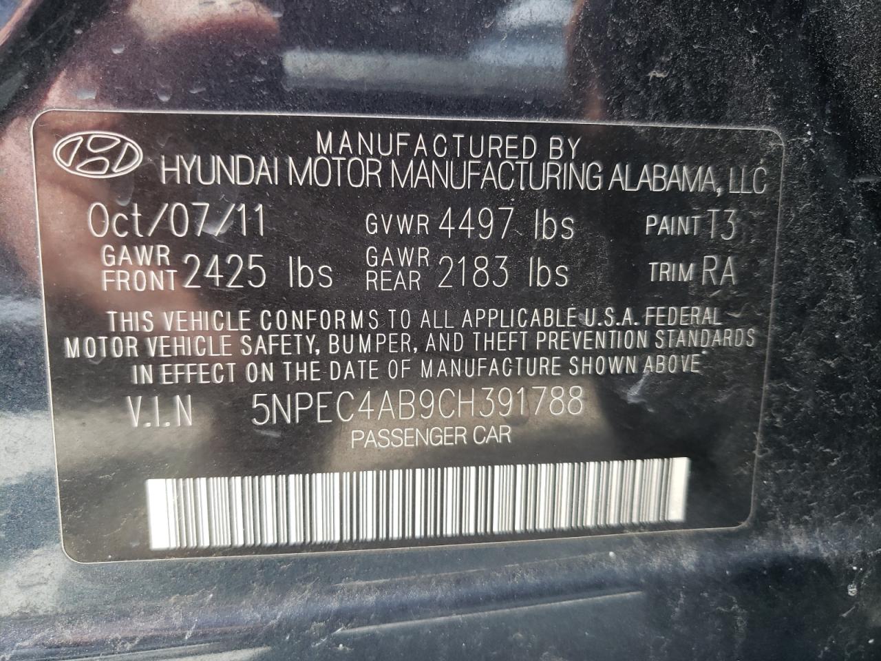 Photo 10 from auction – 2012 HYUNDAI SONATA SE with VIN 5NPEC4AB9CH391788