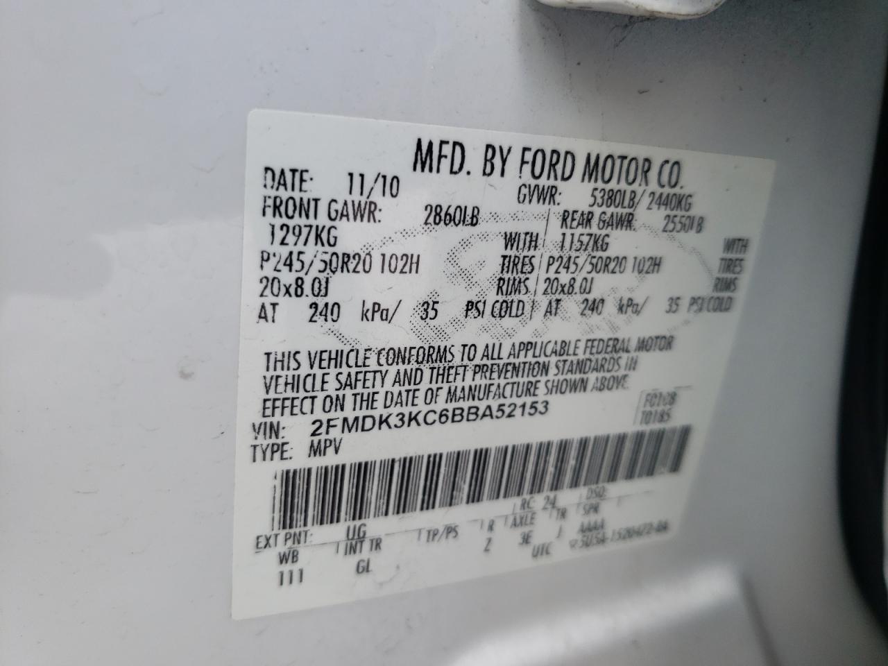 Photo 10 from auction – 2011 FORD EDGE LIMIT with VIN 2FMDK3KC6BBA52153
