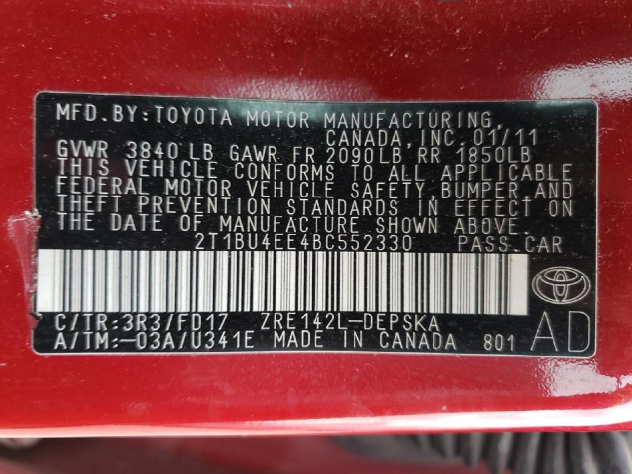 Photo 10 from auction – 2011 TOYOTA COROLLA BA with VIN 2T1BU4EE4BC552330