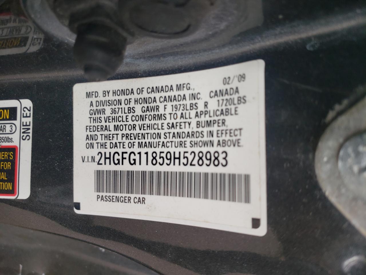 Photo 10 from auction – 2009 HONDA CIVIC EX with VIN 2HGFG11859H528983
