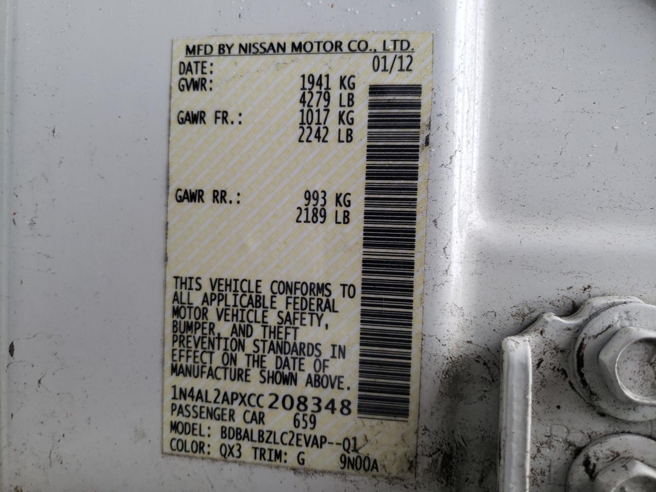 Photo 10 from auction – 2012 NISSAN ALTIMA BAS with VIN 1N4AL2APXCC208348