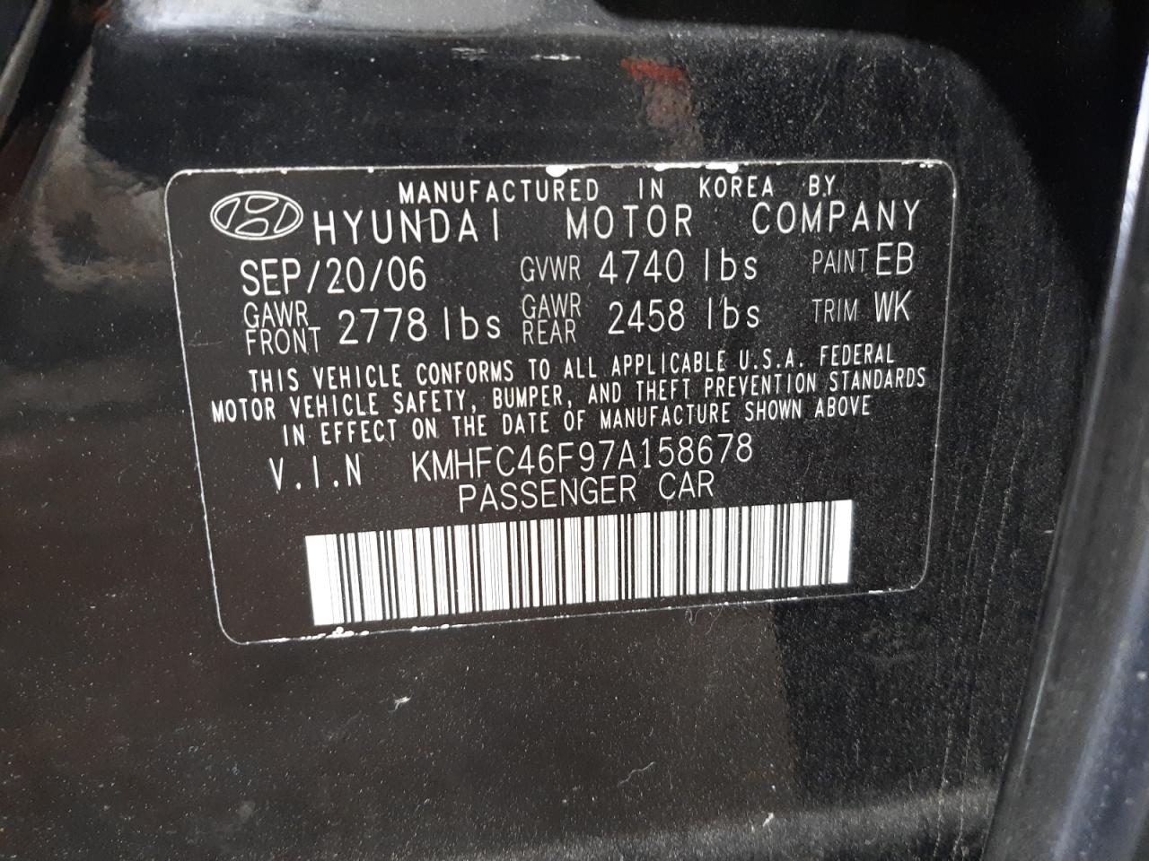 Photo 10 from auction – 2007 HYUNDAI AZERA SE with VIN KMHFC46F97A158678