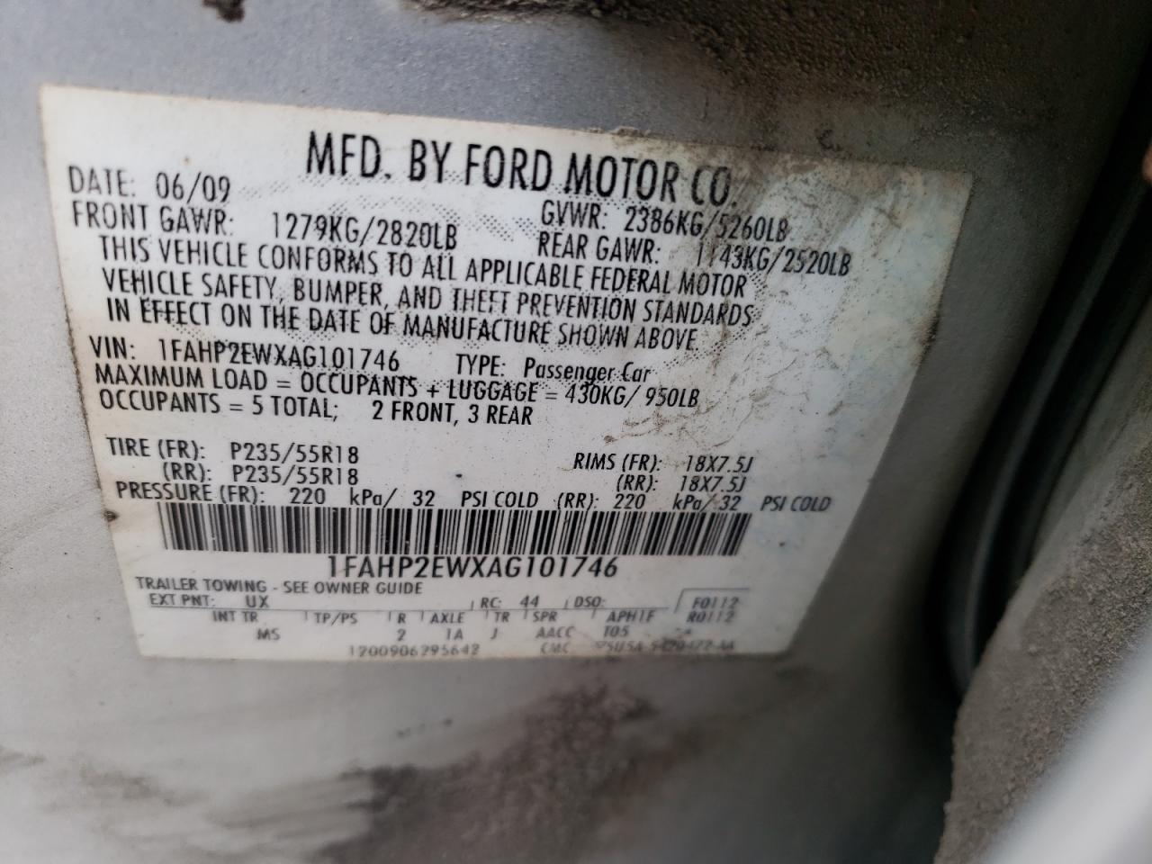 Photo 10 from auction – 2010 FORD TAURUS SEL with VIN 1FAHP2EWXAG101746