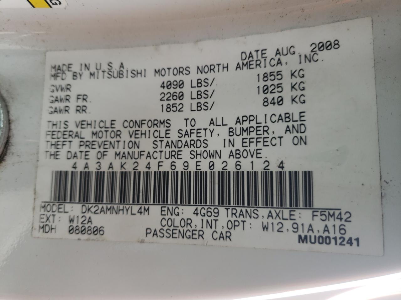Photo 10 from auction – 2009 MITSUBISHI ECLIPSE GS with VIN 4A3AK24F69E026124