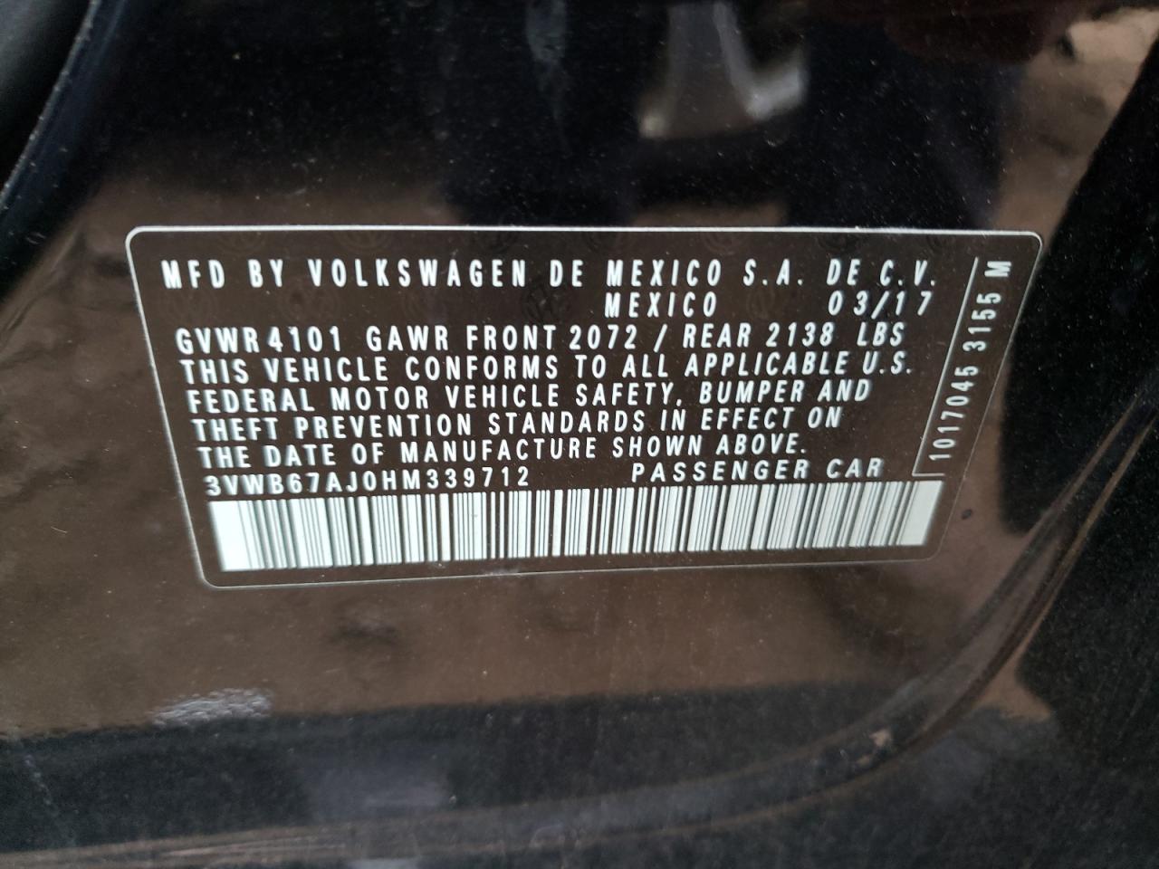 Photo 10 from auction – 2017 VOLKSWAGEN JETTA SE with VIN 3VWB67AJ0HM339712