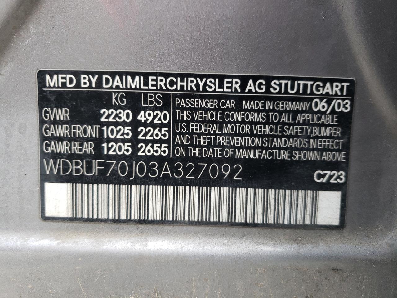 Photo 10 from auction – 2003 MERCEDES-BENZ E 500 with VIN WDBUF70J03A327092