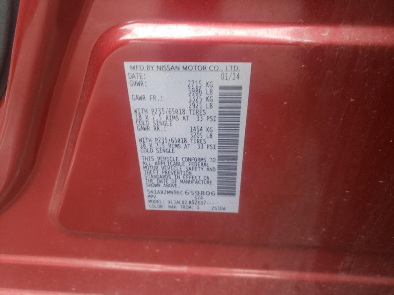 Photo 10 from auction – 2014 NISSAN PATHFINDER with VIN 5N1AR2MN9EC659806