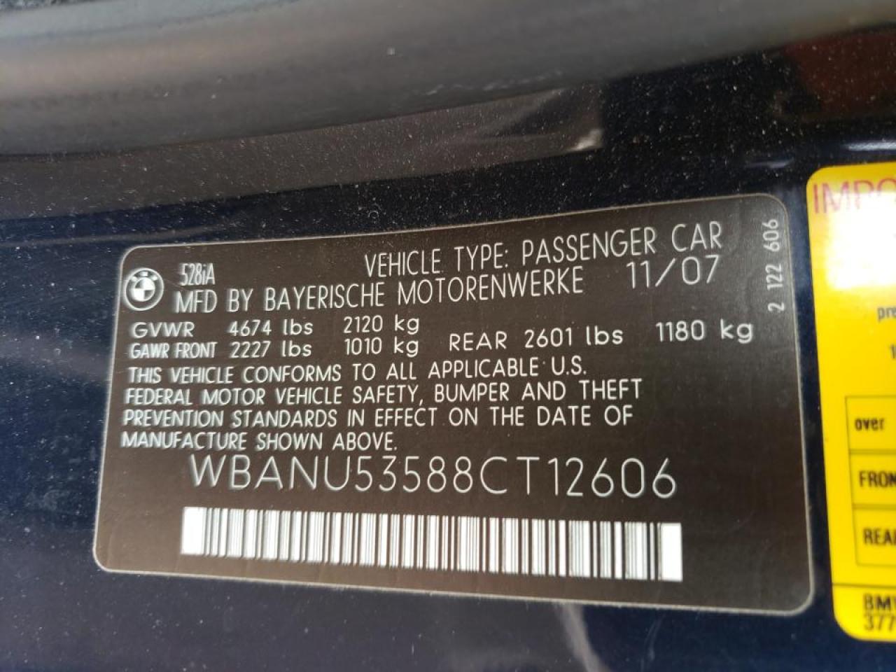 Photo 10 from auction – 2008 BMW 528 I with VIN WBANU53588CT12606
