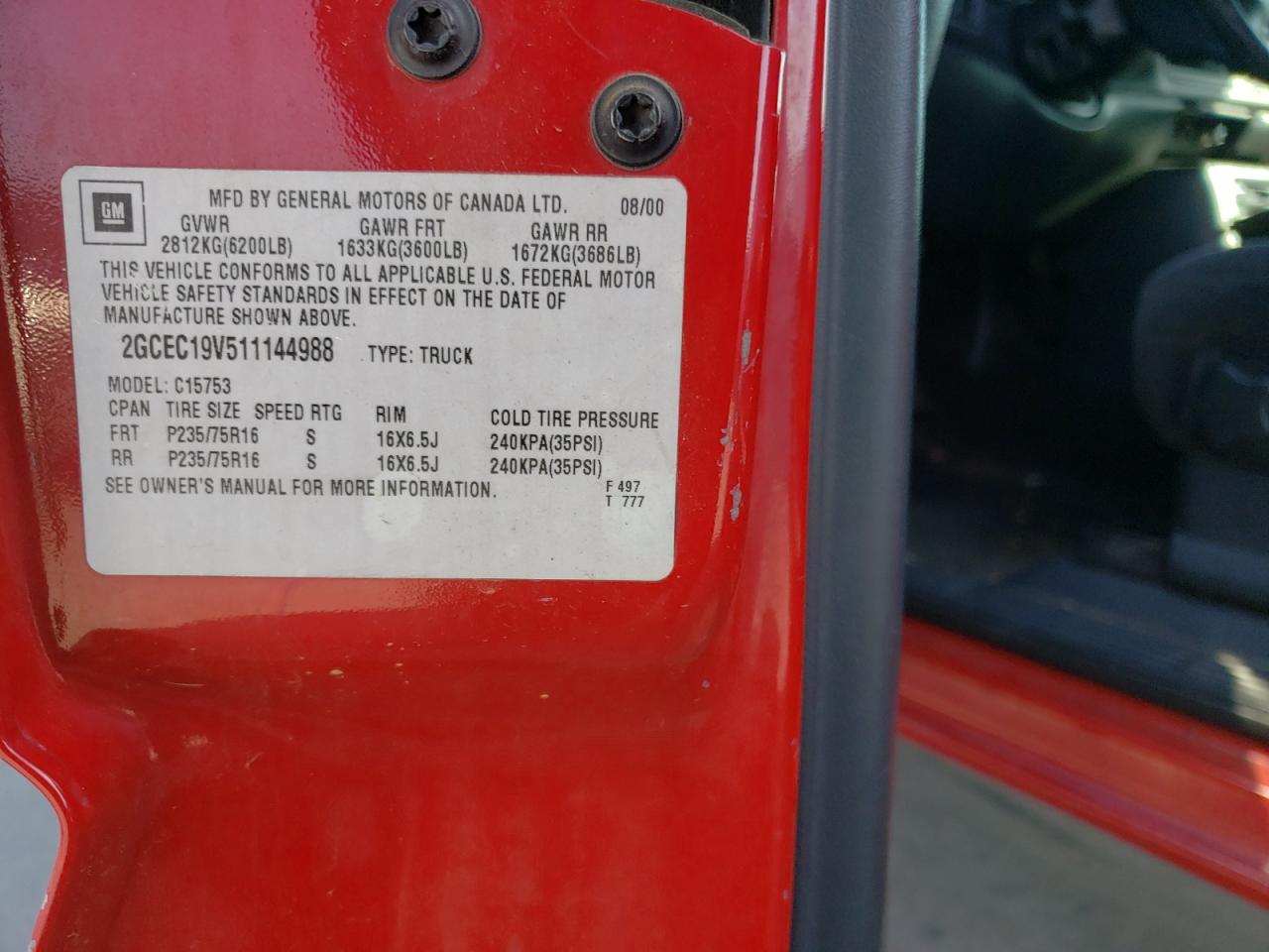 Photo 10 from auction – 2001 CHEVROLET SILVERADO with VIN 2GCEC19V511144988