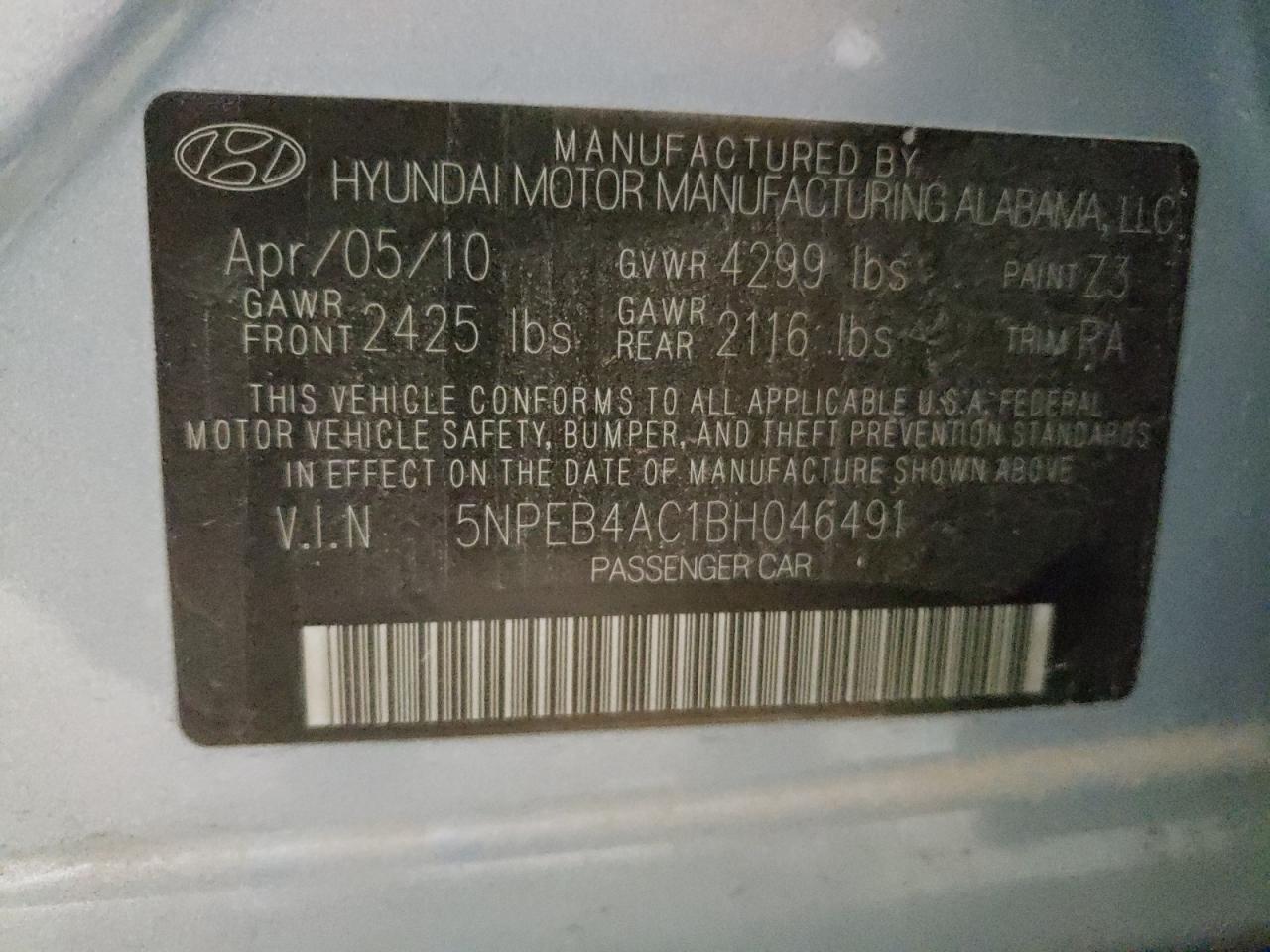 Photo 10 from auction – 2011 HYUNDAI SONATA GLS with VIN 5NPEB4AC1BH046491