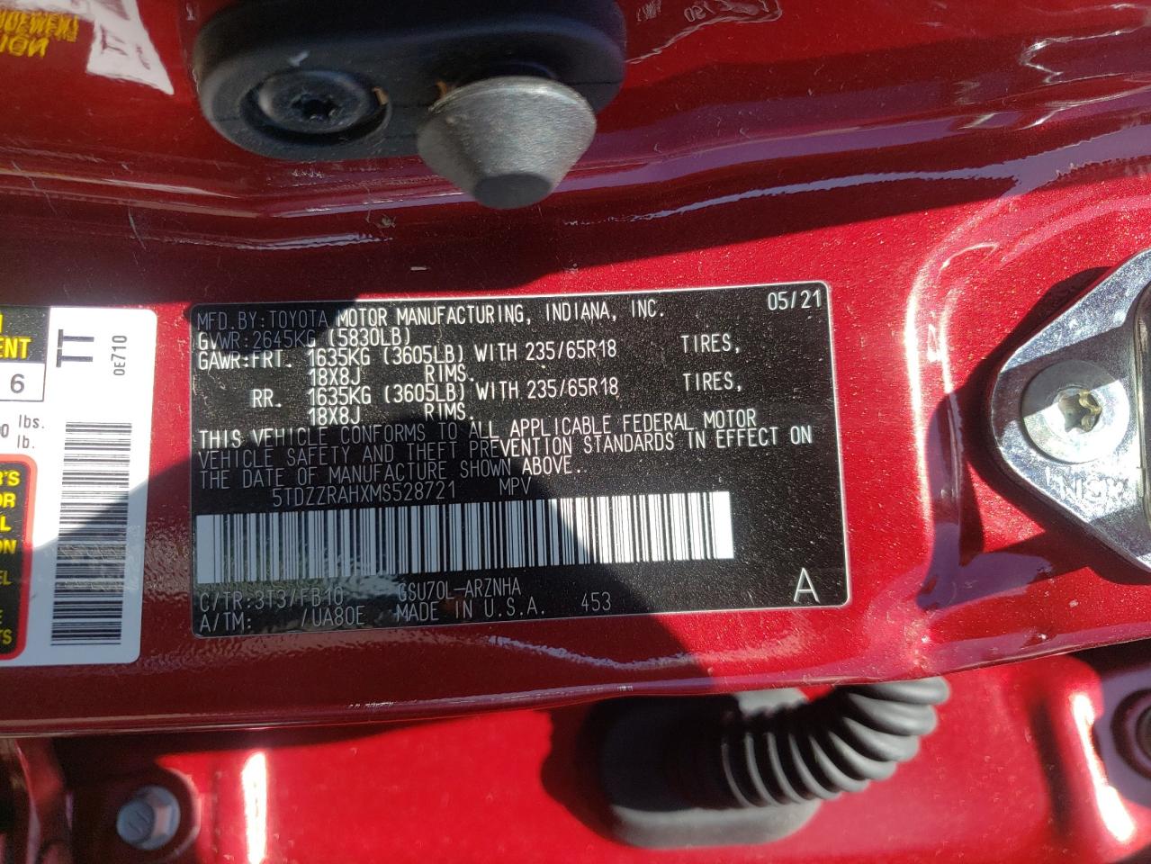 Photo 10 from auction – 2021 TOYOTA HIGHLANDER with VIN 5TDZZRAHXMS528721