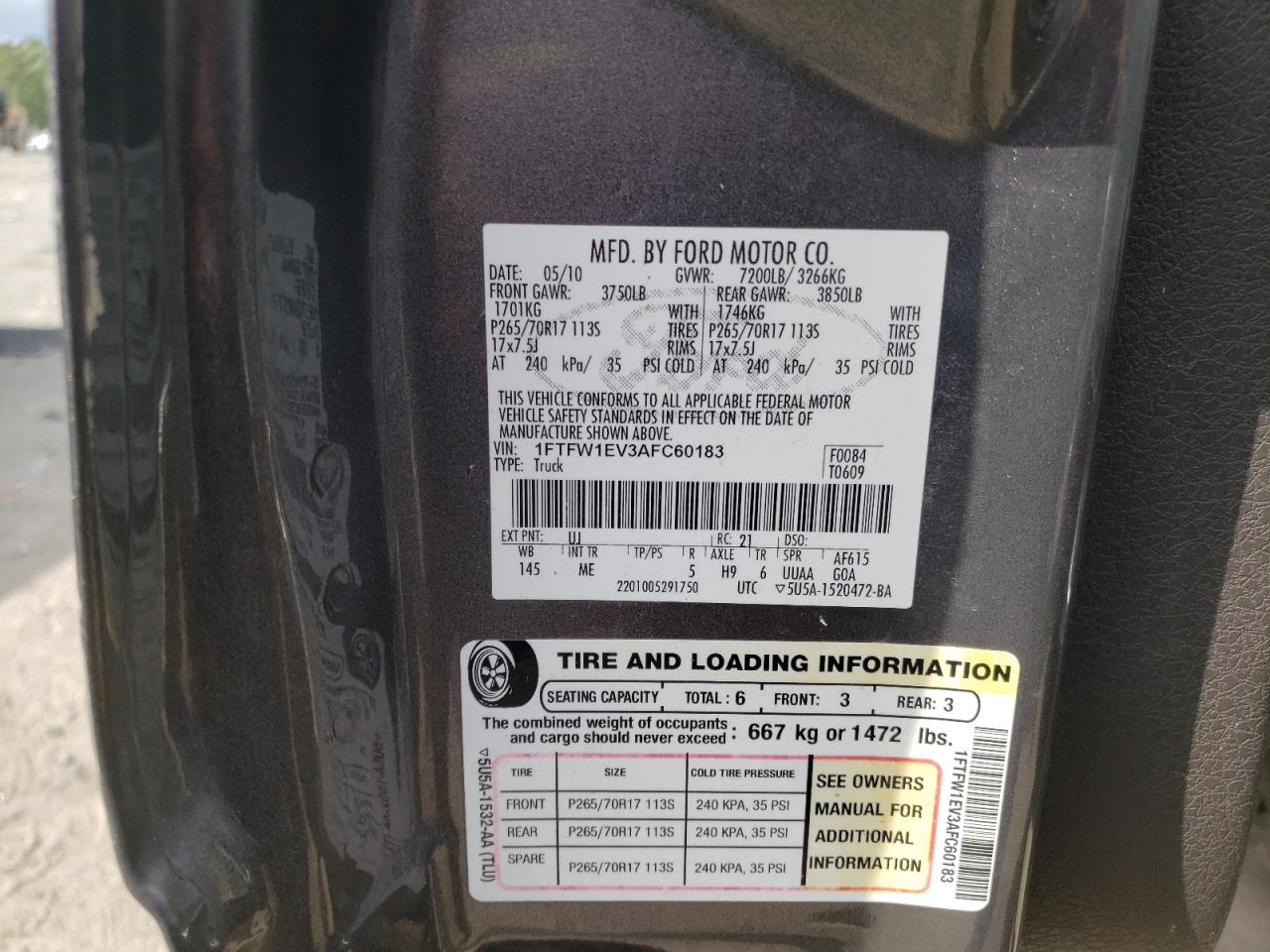 Photo 10 from auction – 2010 FORD F150 SUPER with VIN 1FTFW1EV3AFC60183