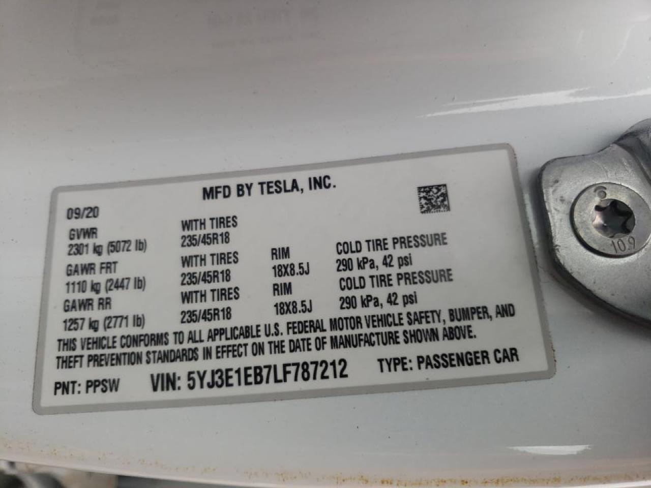 Photo 10 from auction – 2020 TESLA MODEL 3 with VIN 5YJ3E1EB7LF787212