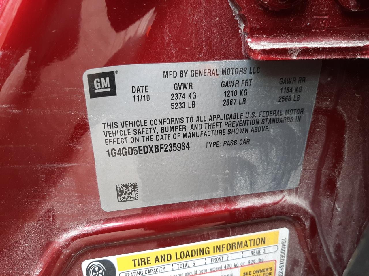 Photo 10 from auction – 2011 BUICK LACROSSE C with VIN 1G4GD5EDXBF235934