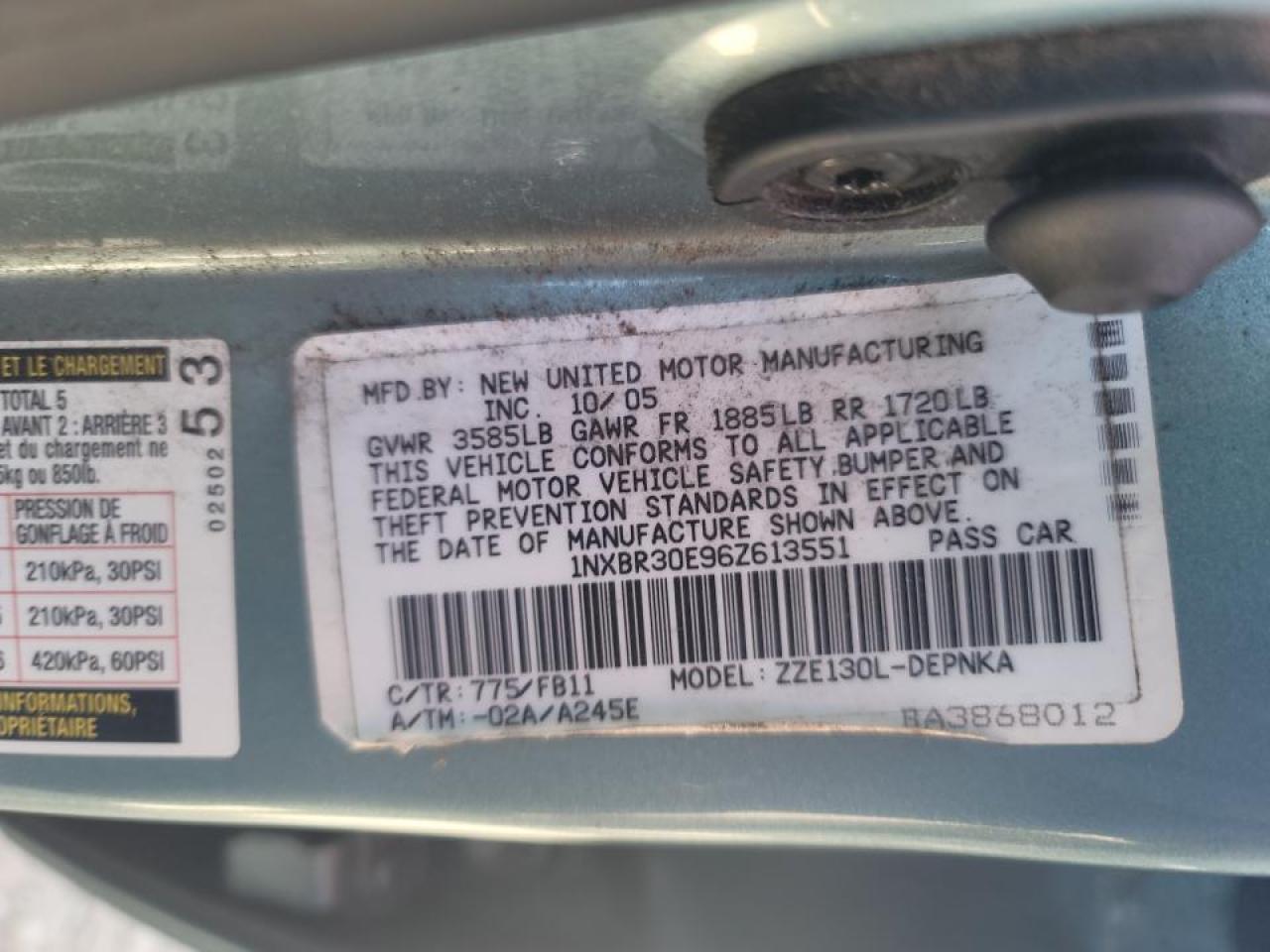 Photo 10 from auction – 2006 TOYOTA COROLLA CE with VIN 1NXBR30E96Z613551