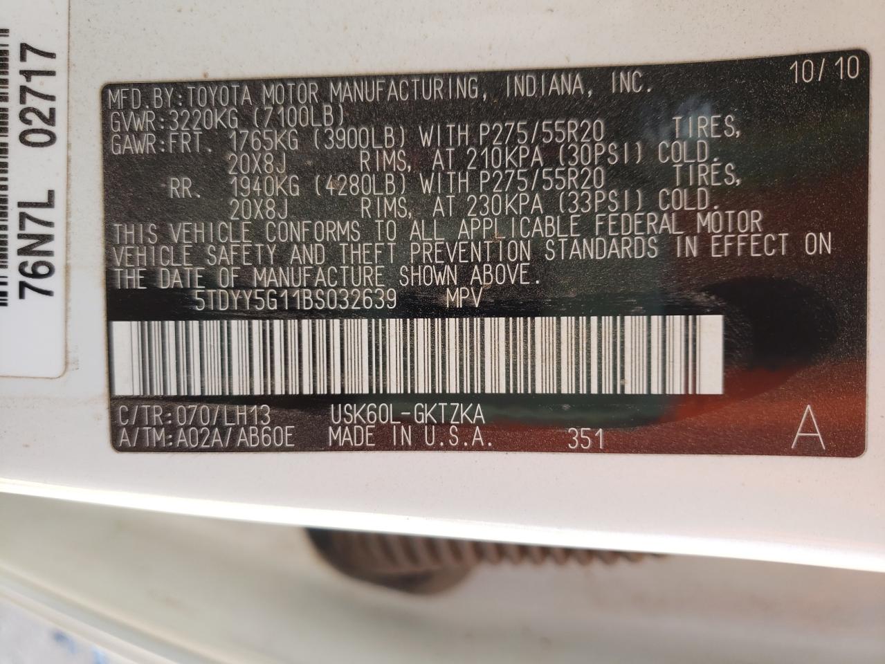 Photo 10 from auction – 2011 TOYOTA SEQUOIA PL with VIN 5TDYY5G11BS032639