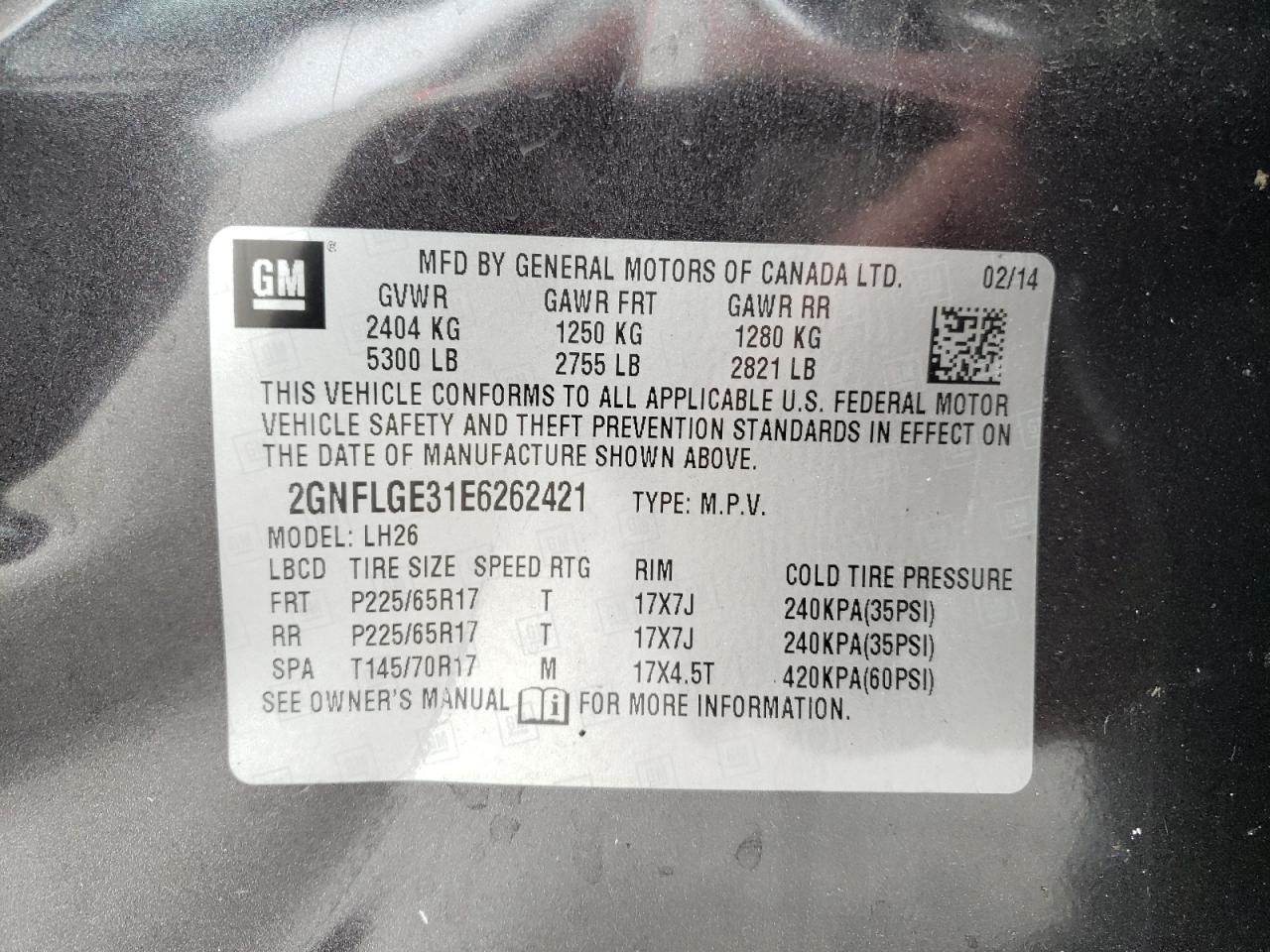 Photo 10 from auction – 2014 CHEVROLET EQUINOX LT with VIN 2GNFLGE31E6262421