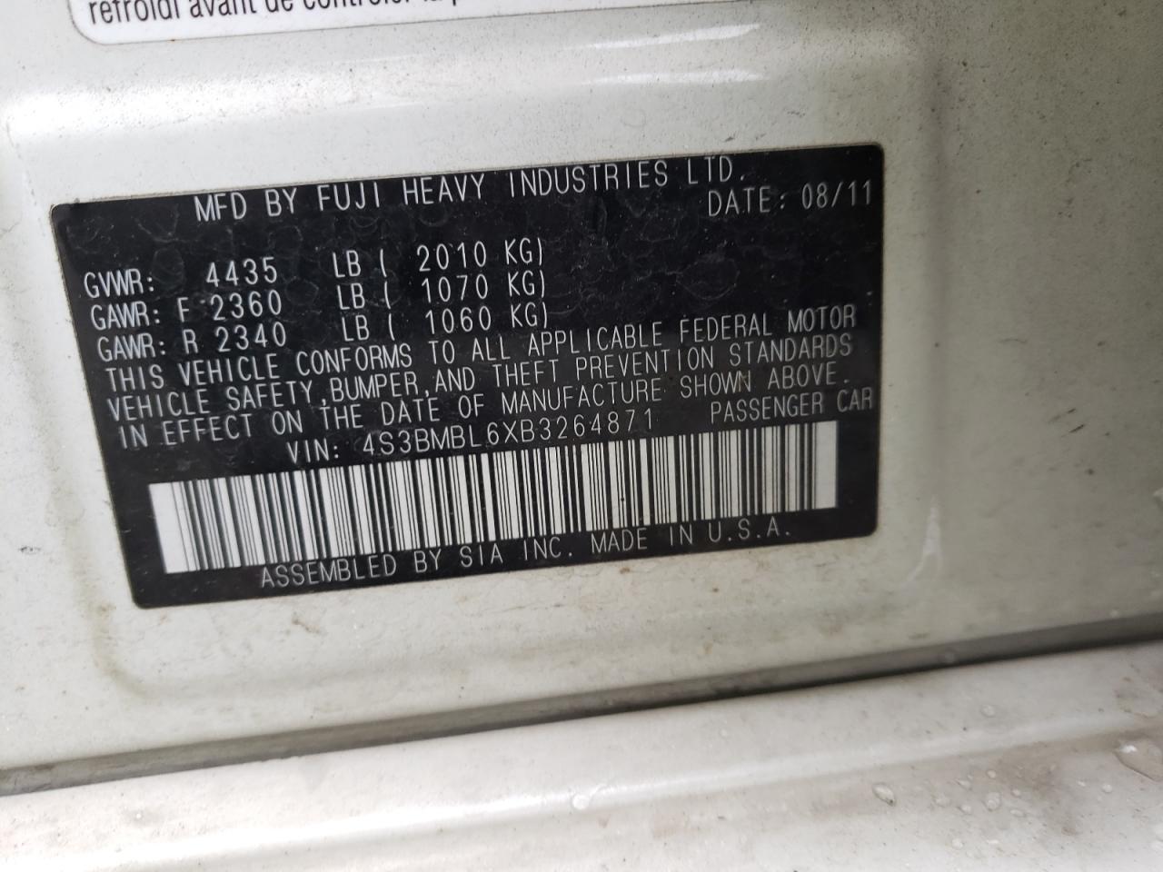 Photo 10 from auction – 2011 SUBARU LEGACY 2.5 with VIN 4S3BMBL6XB3264871