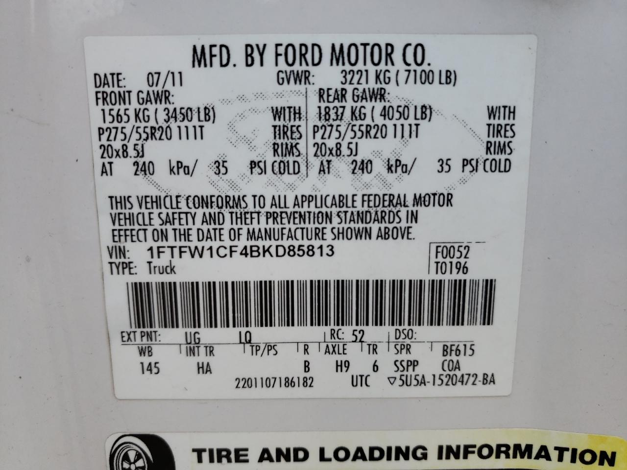 Photo 10 from auction – 2011 FORD F150 SUPER with VIN 1FTFW1CF4BKD85813
