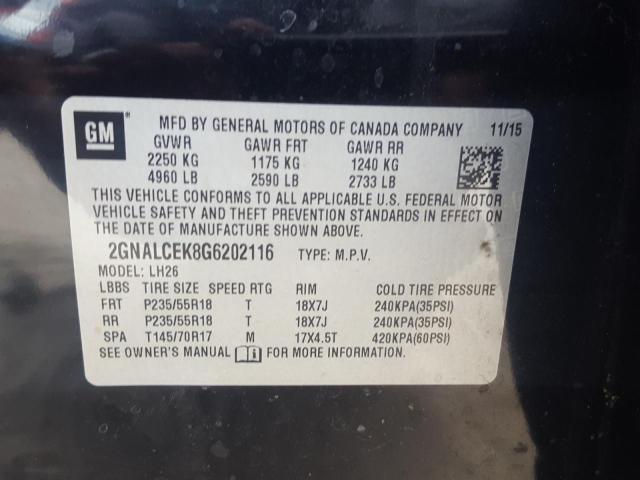 Photo 10 from auction – 2016 CHEVROLET EQUINOX LT with VIN 2GNALCEK8G6202116