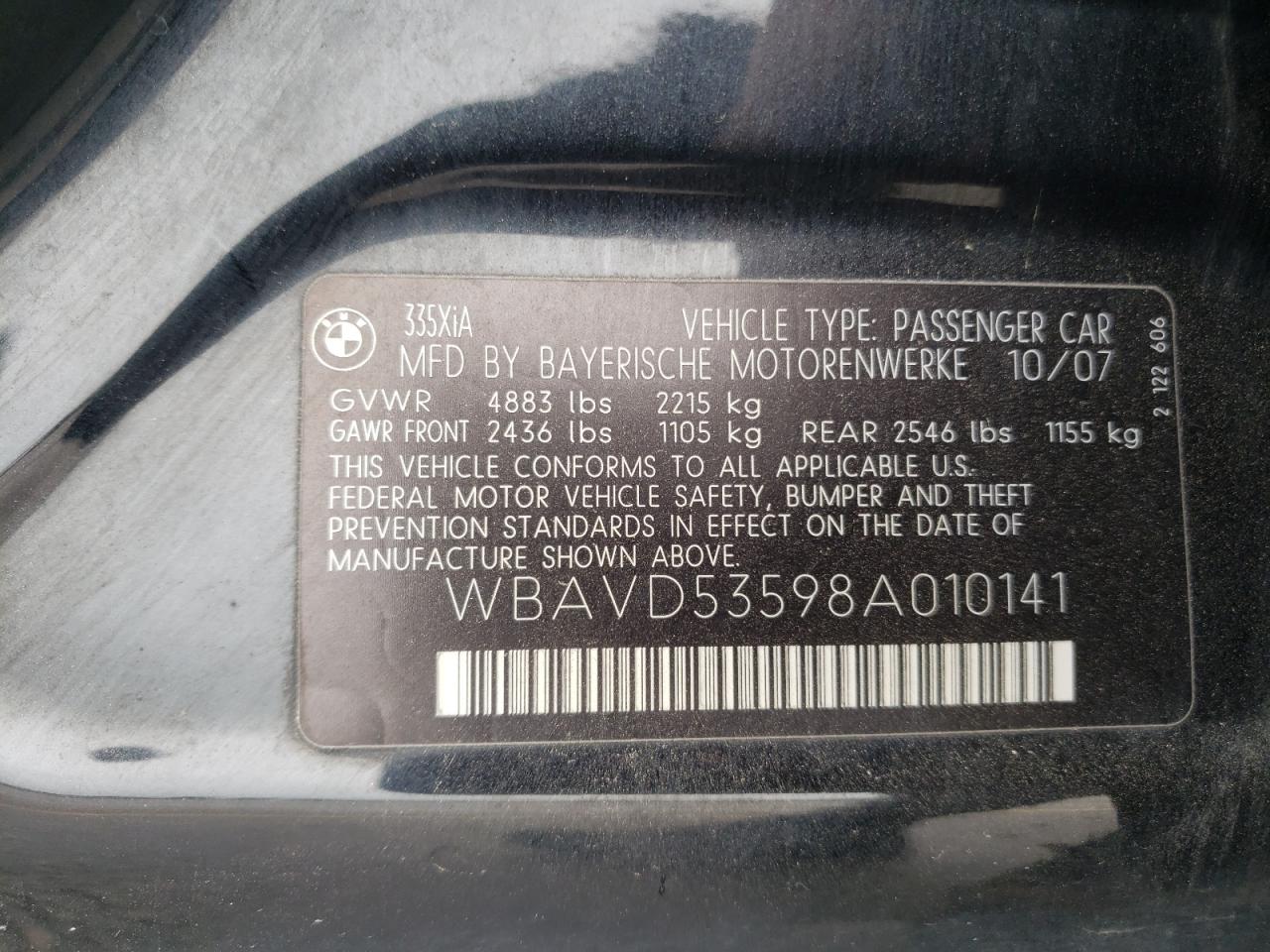 Photo 10 from auction – 2008 BMW 335 XI with VIN WBAVD53598A010141