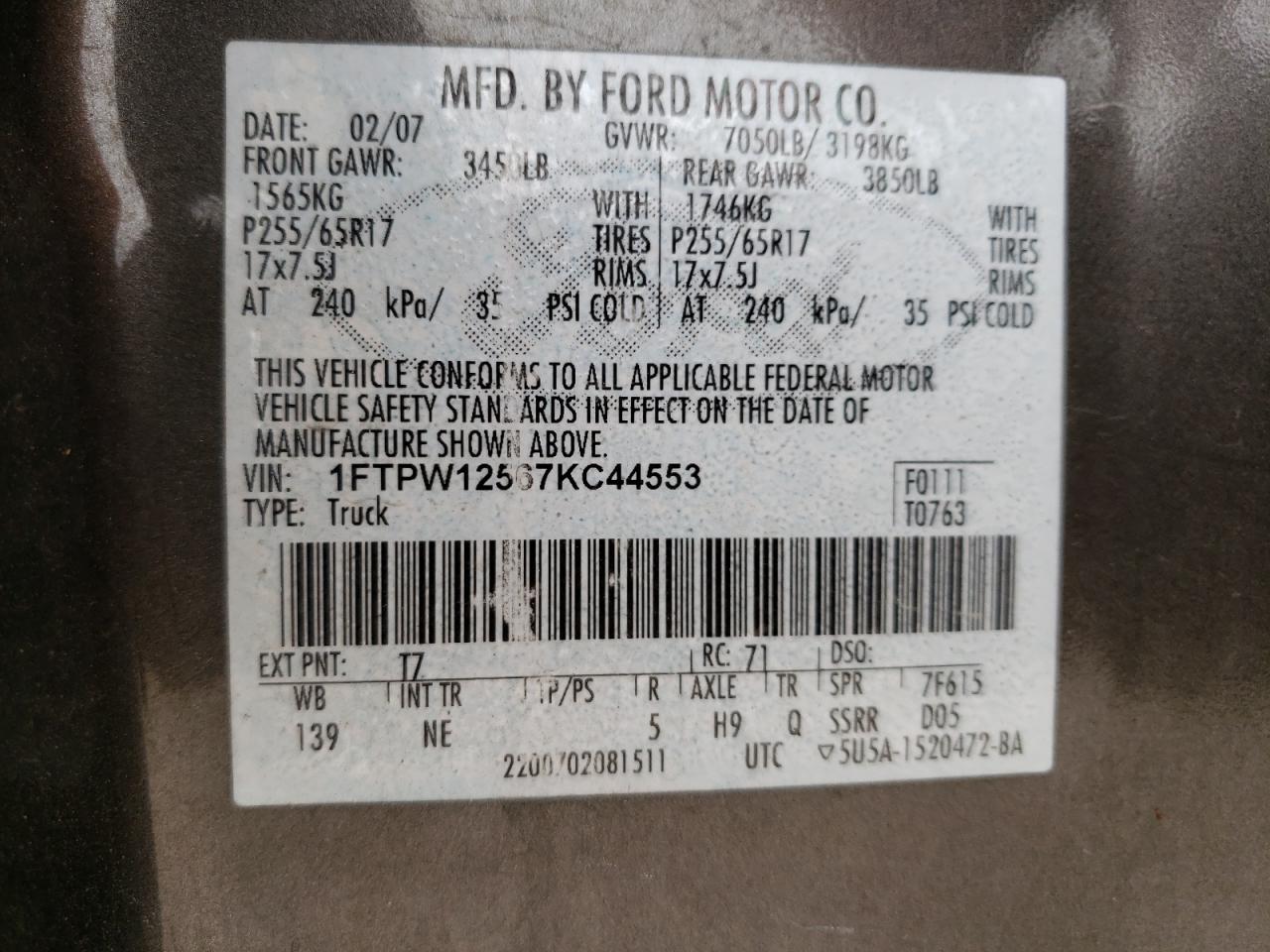 Photo 10 from auction – 2007 FORD F150 SUPER with VIN 1FTPW12567KC44553