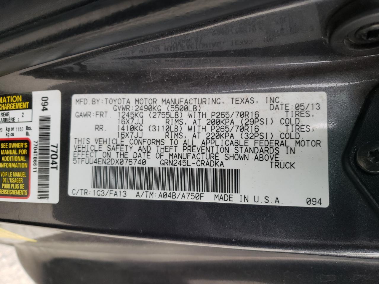 Photo 10 from auction – 2013 TOYOTA TACOMA with VIN 5TFUU4EN2DX076740