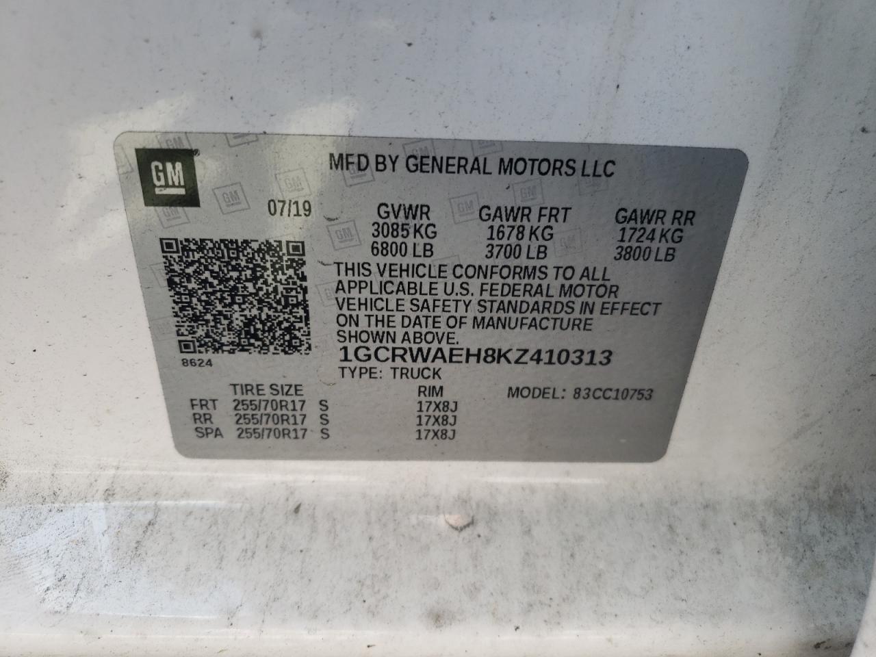 Photo 10 from auction – 2019 CHEVROLET SILVERADO with VIN 1GCRWAEH8KZ410313