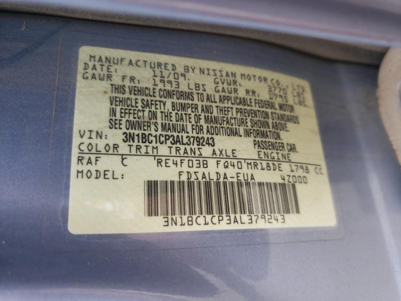 Photo 10 from auction – 2010 NISSAN VERSA S with VIN 3N1BC1CP3AL379243