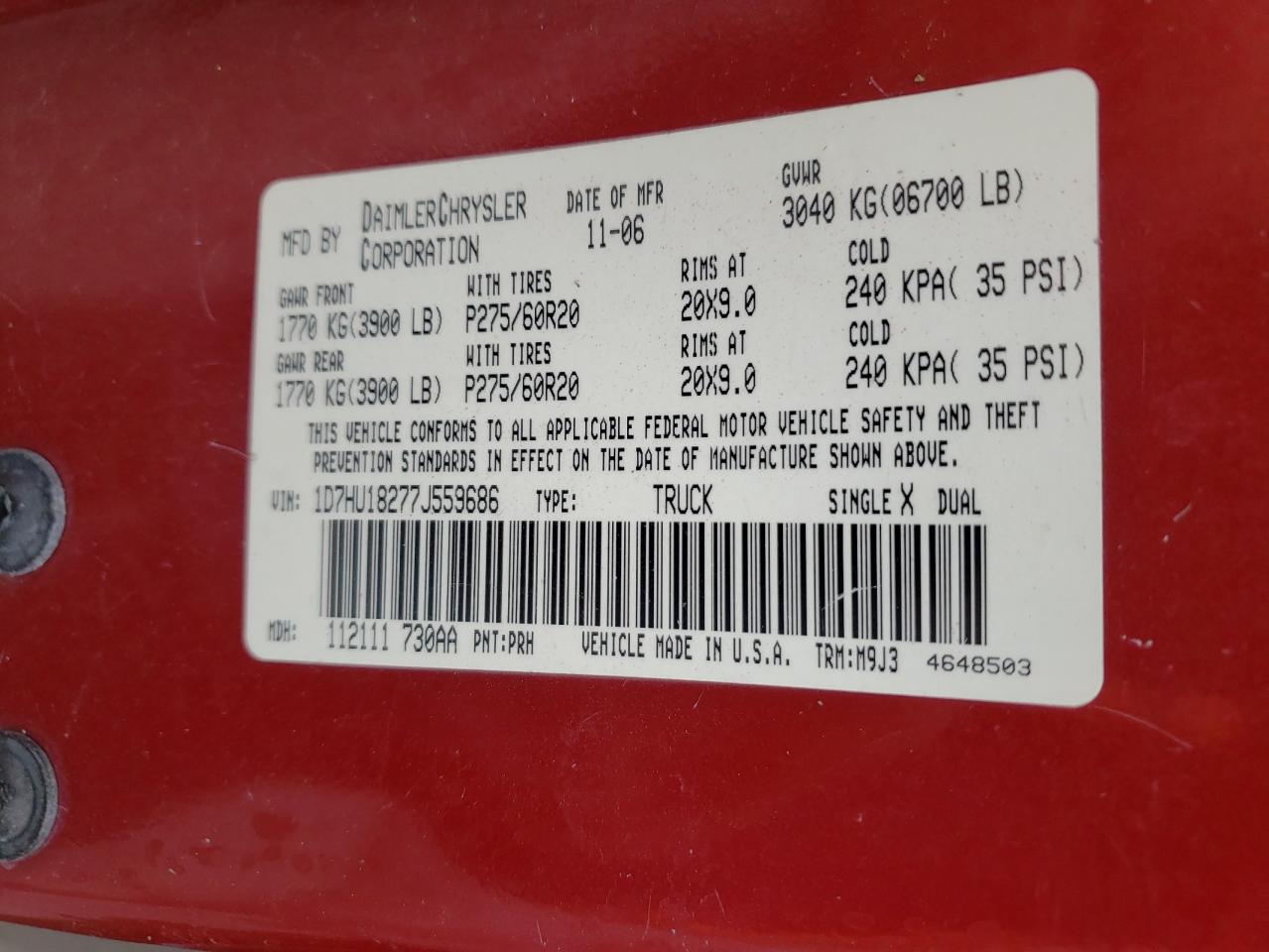 Photo 10 from auction – 2007 DODGE RAM 1500 S with VIN 1D7HU18277J559686