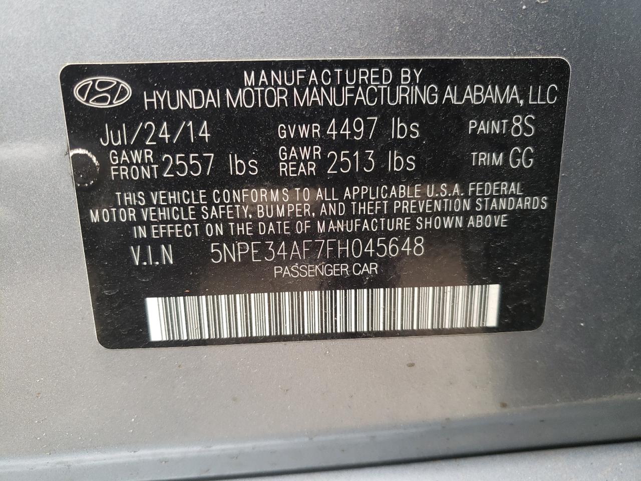 Photo 10 from auction – 2015 HYUNDAI SONATA SPO with VIN 5NPE34AF7FH045648