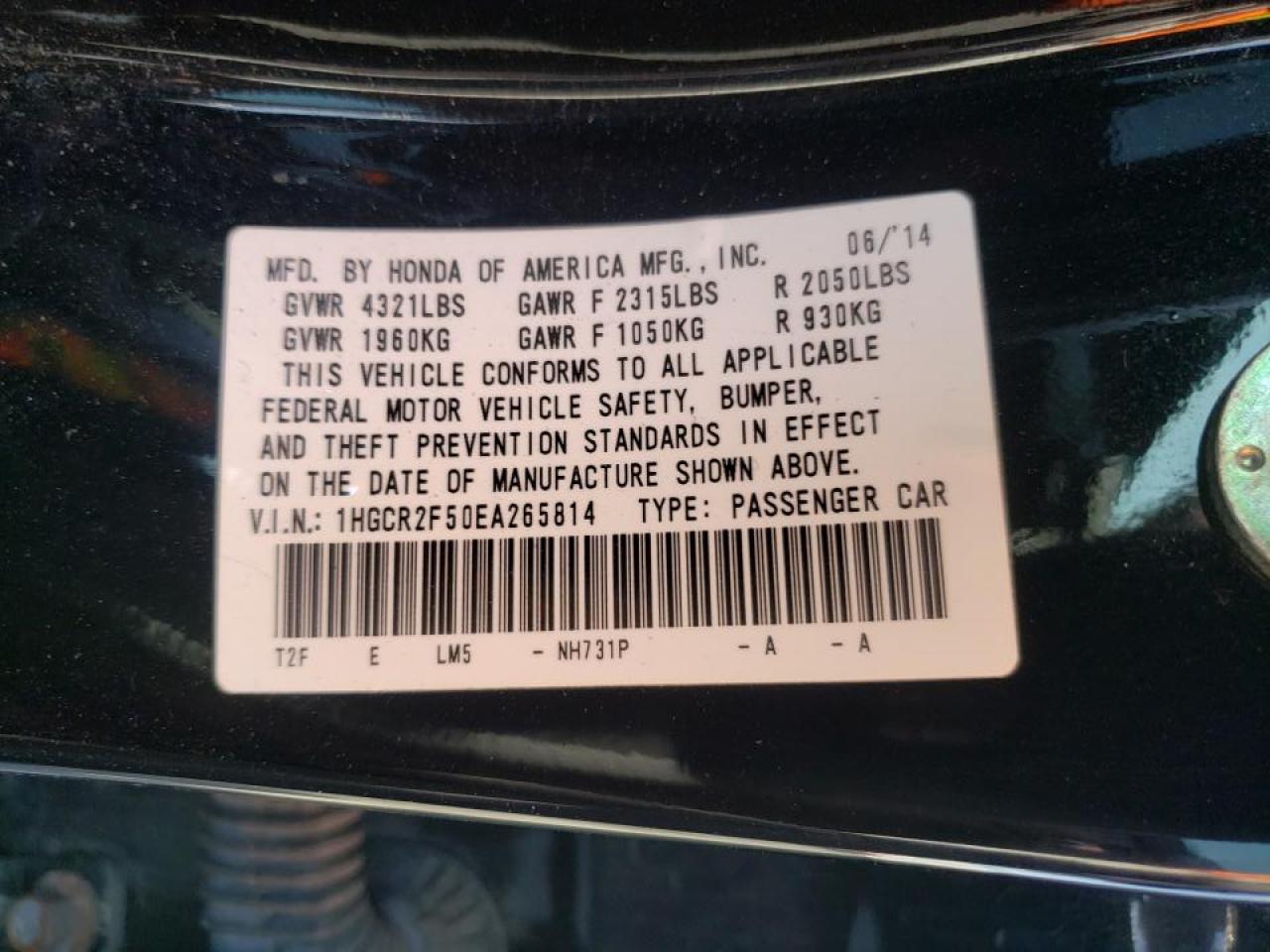 Photo 10 from auction – 2014 HONDA ACCORD SPO with VIN 1HGCR2F50EA265814