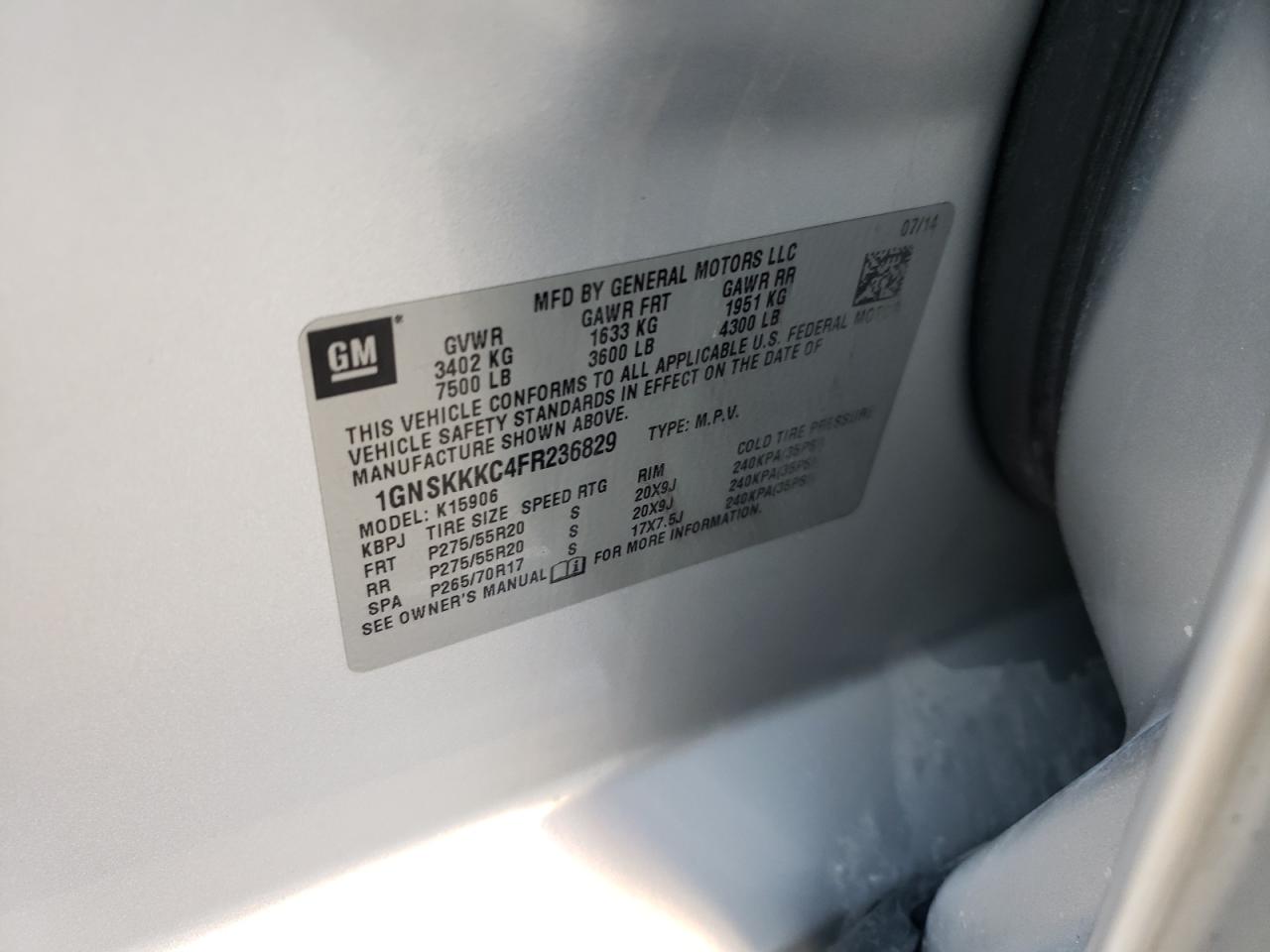 Photo 10 from auction – 2015 CHEVROLET SUBURBAN K with VIN 1GNSKKKC4FR236829