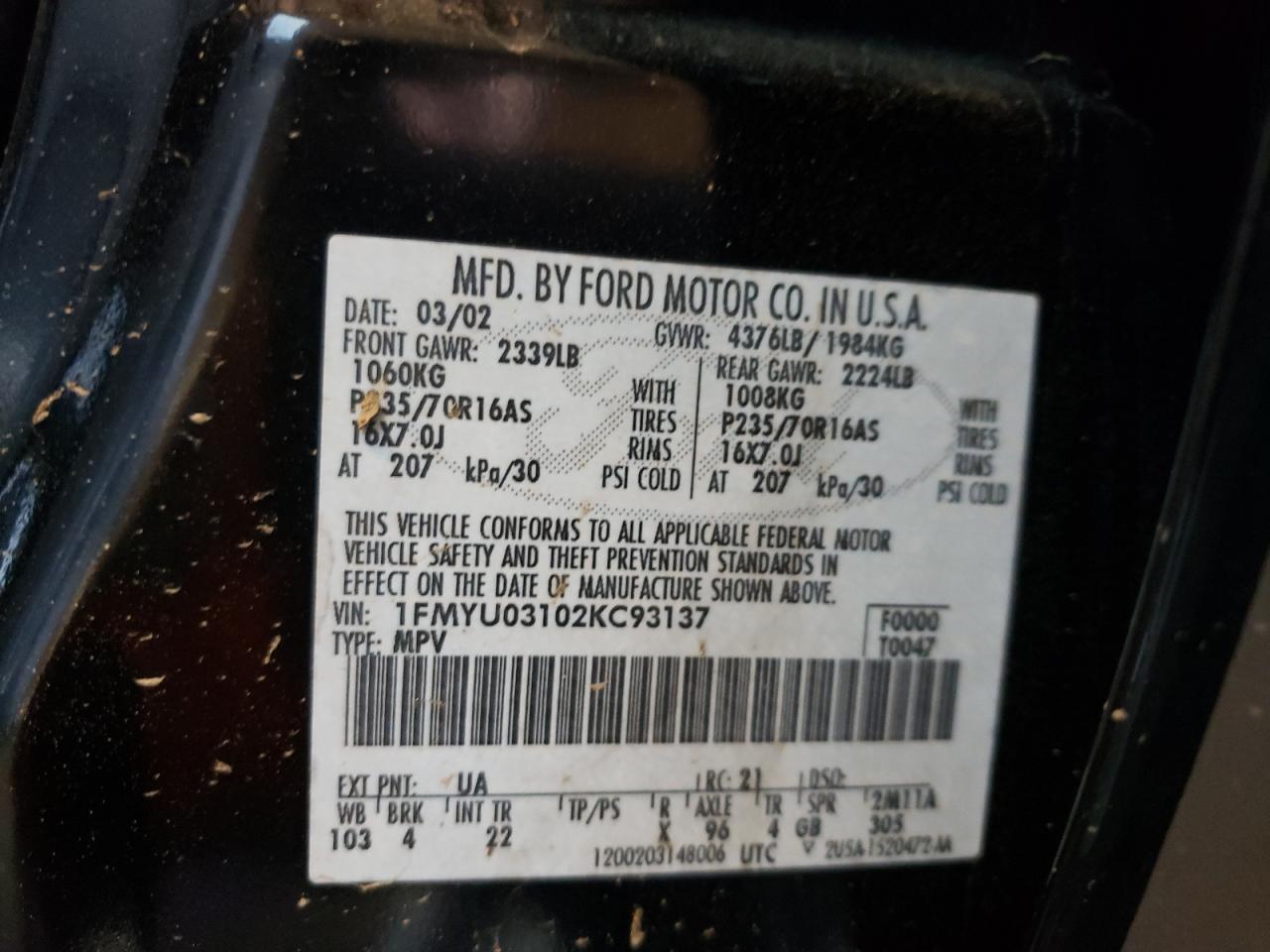Photo 10 from auction – 2002 FORD ESCAPE XLT with VIN 1FMYU03102KC93137