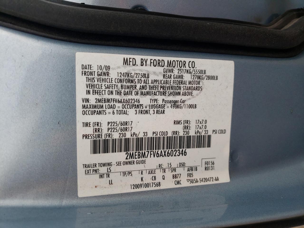 Photo 10 from auction – 2010 MERCURY GRAND MARQ with VIN 2MEBM7FV6AX602346