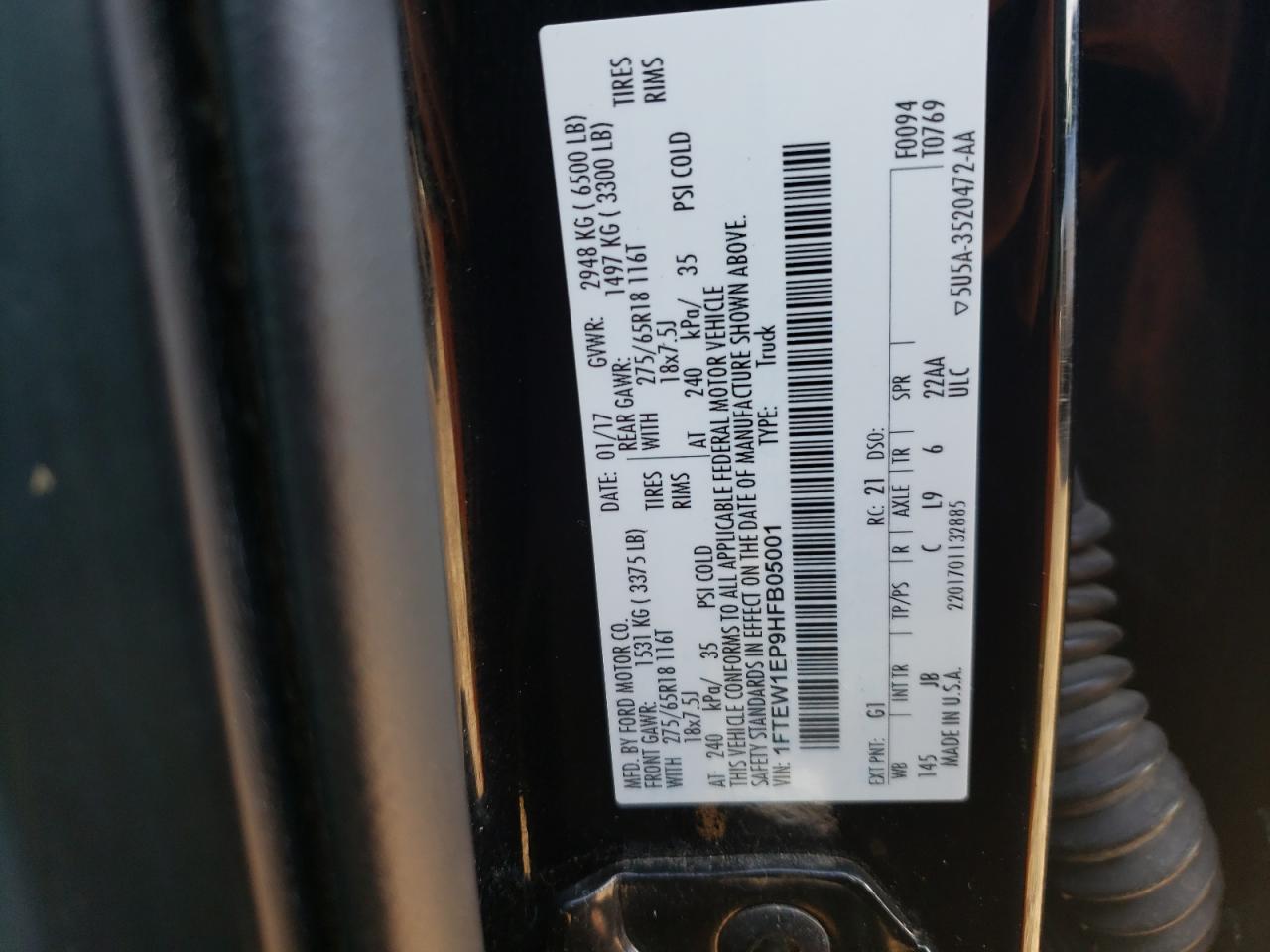 Photo 10 from auction – 2017 FORD F150 SUPER with VIN 1FTEW1EP9HFB05001
