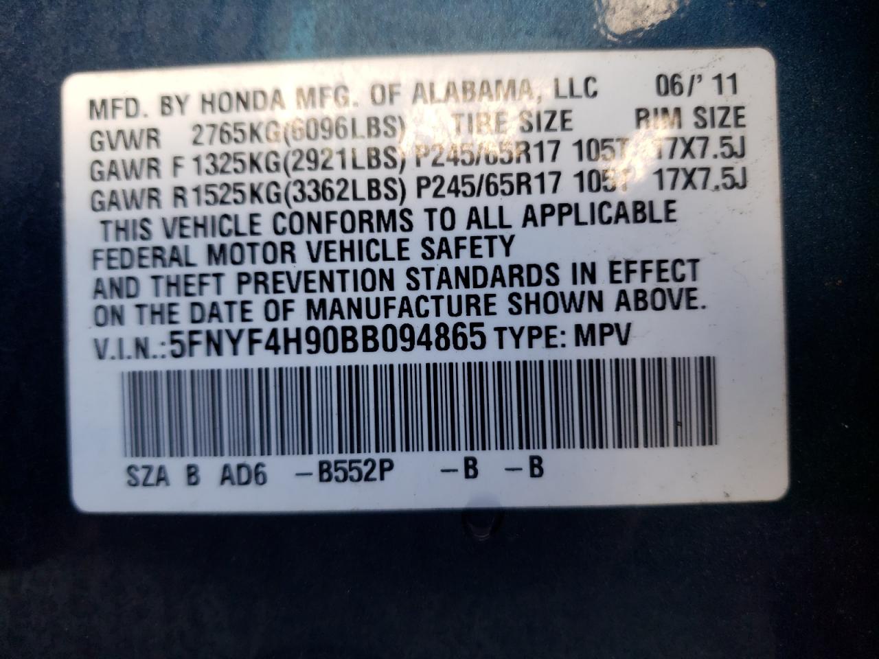 Photo 10 from auction – 2011 HONDA PILOT TOUR with VIN 5FNYF4H90BB094865