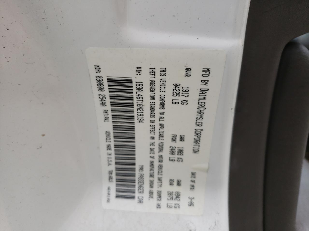 Photo 10 from auction – 2006 DODGE STRATUS SX with VIN 1B3AL46T16N219194