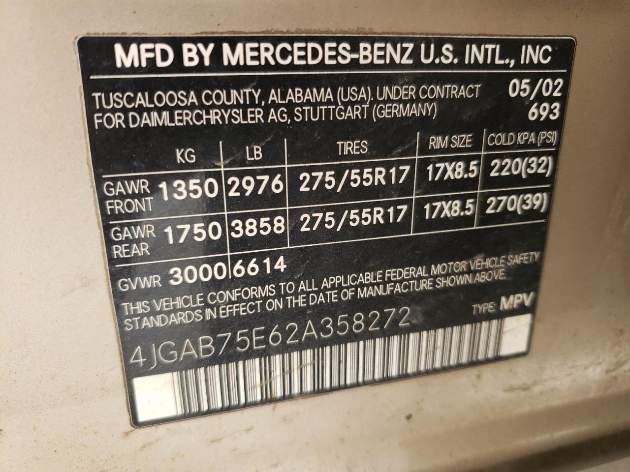 Photo 10 from auction – 2002 MERCEDES-BENZ ML500 with VIN 4JGAB75E62A358272