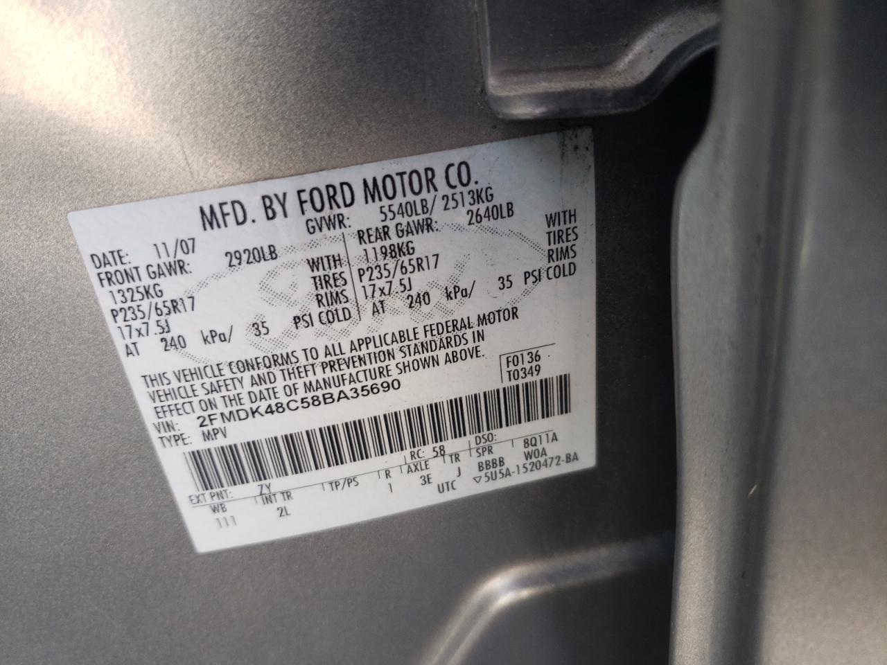 Photo 10 from auction – 2008 FORD EDGE SEL with VIN 2FMDK48C58BA35690