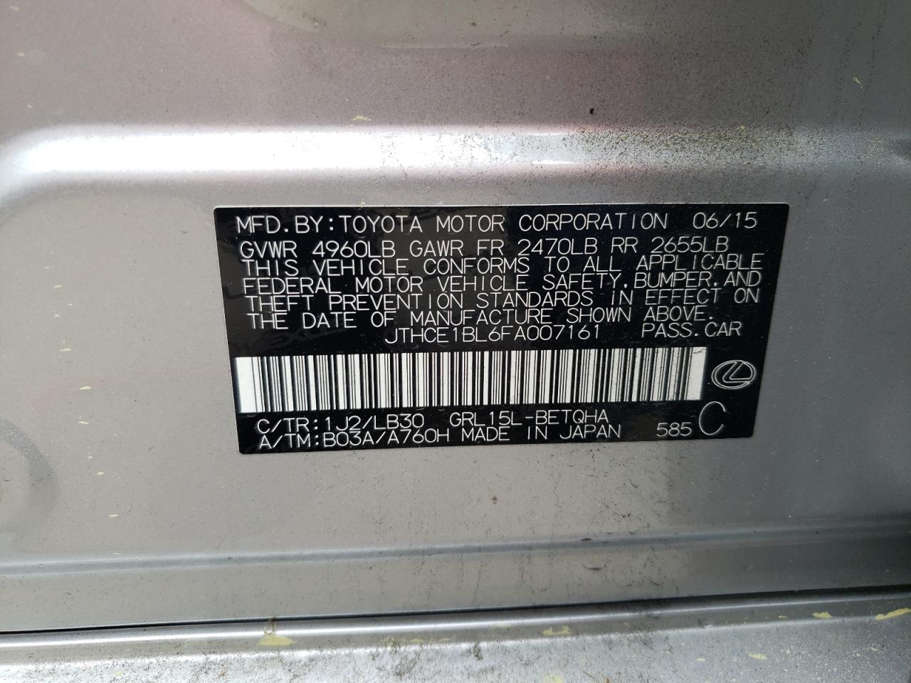 Photo 10 from auction – 2015 LEXUS GS 350 with VIN JTHCE1BL6FA007161