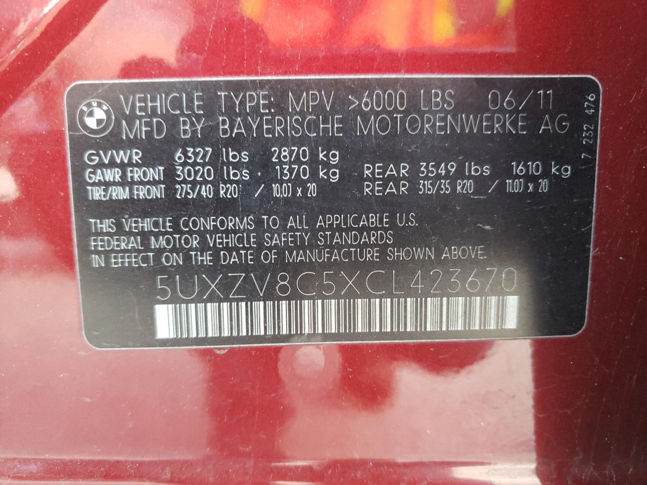 Photo 10 from auction – 2012 BMW X5 XDRIVE5 with VIN 5UXZV8C5XCL423670