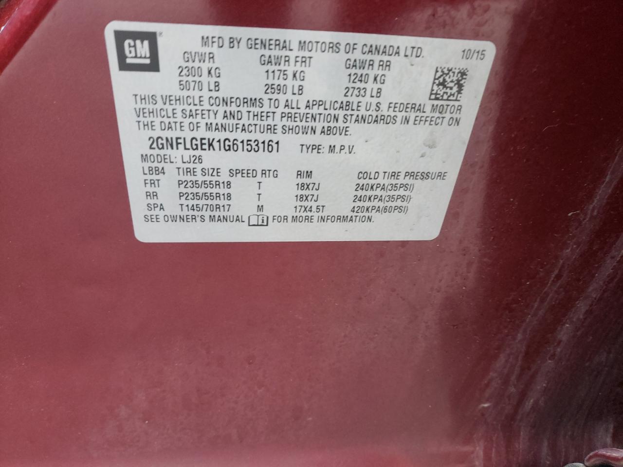 Photo 10 from auction – 2016 CHEVROLET EQUINOX LT with VIN 2GNFLGEK1G6153161