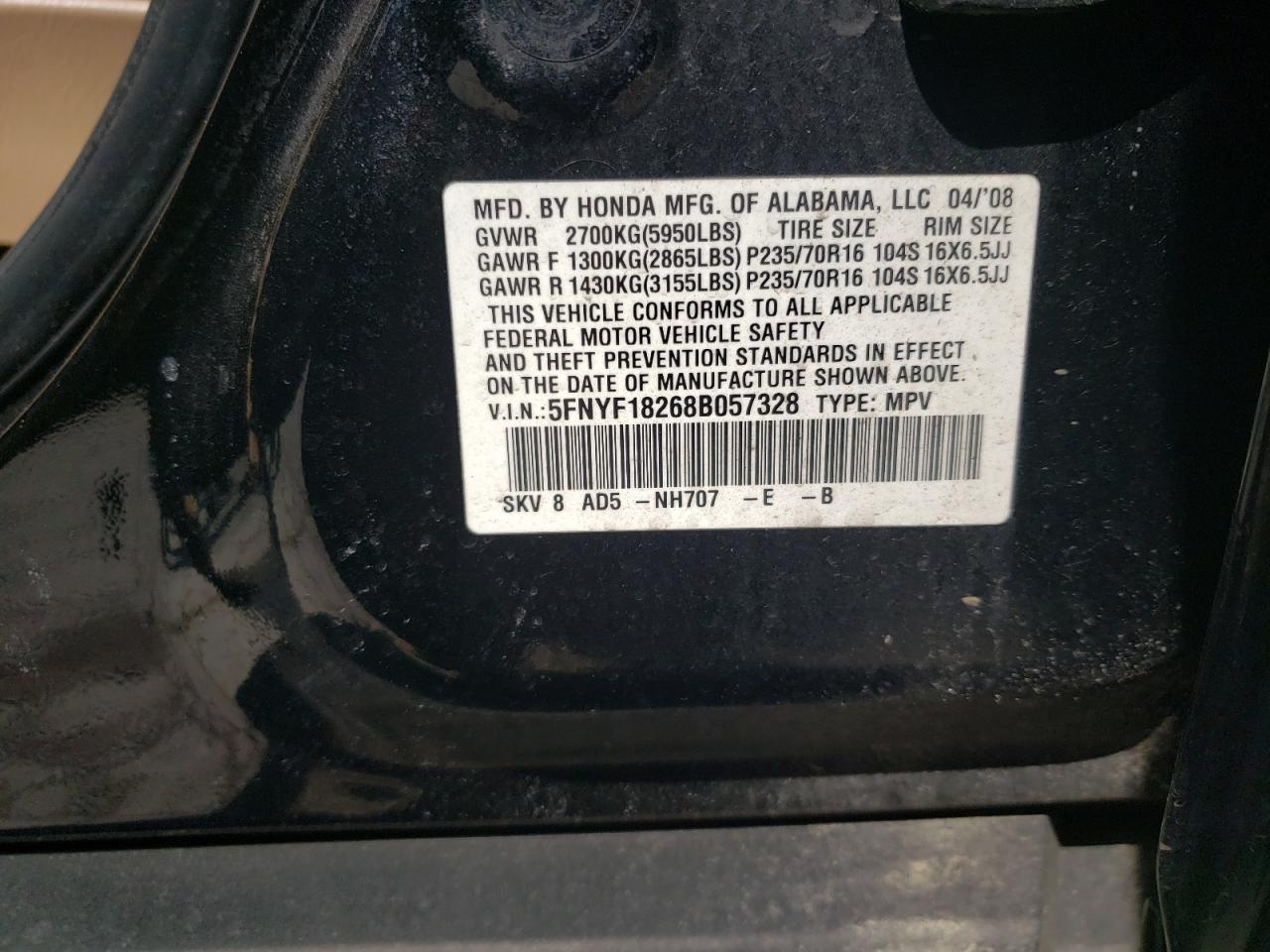 صورة رقم 10 من المزاد - 2008 HONDA PILOT VP مع VIN 5FNYF18268B057328